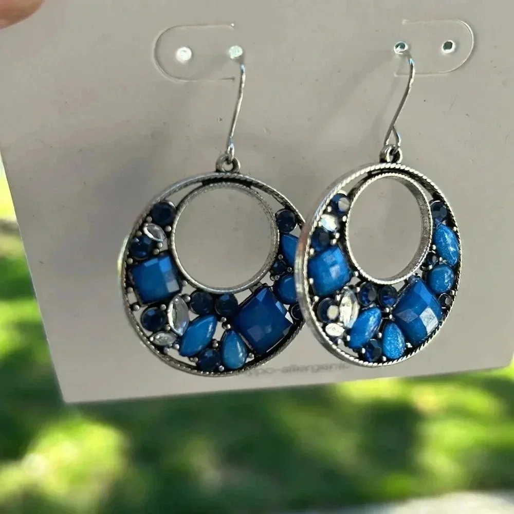 💥Blue gem circle‎ earrings